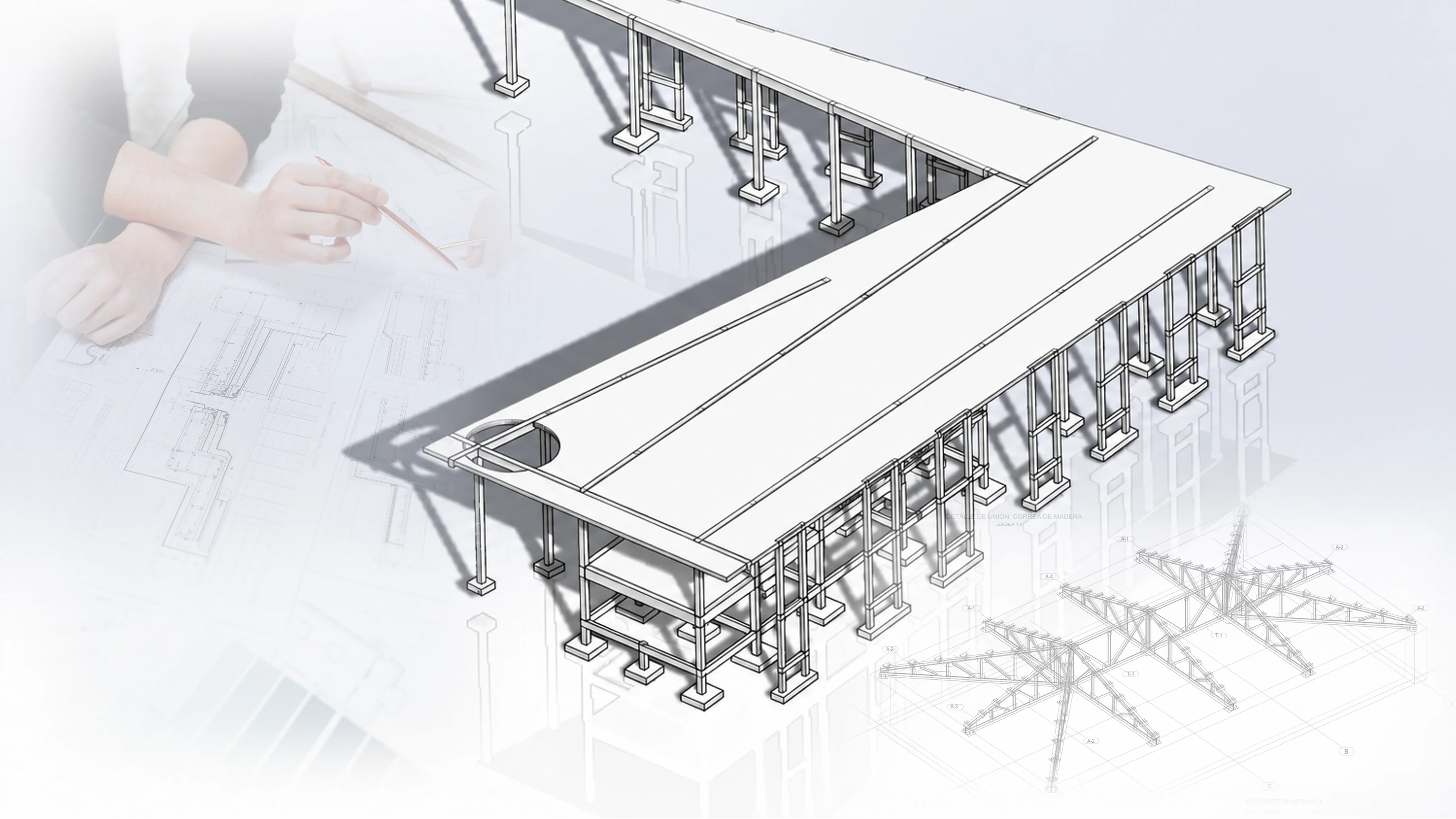 Composición visual del proceso de trabajo de Estralia, con planos arquitectónicos, modelo estructural 3D y esquema técnico.