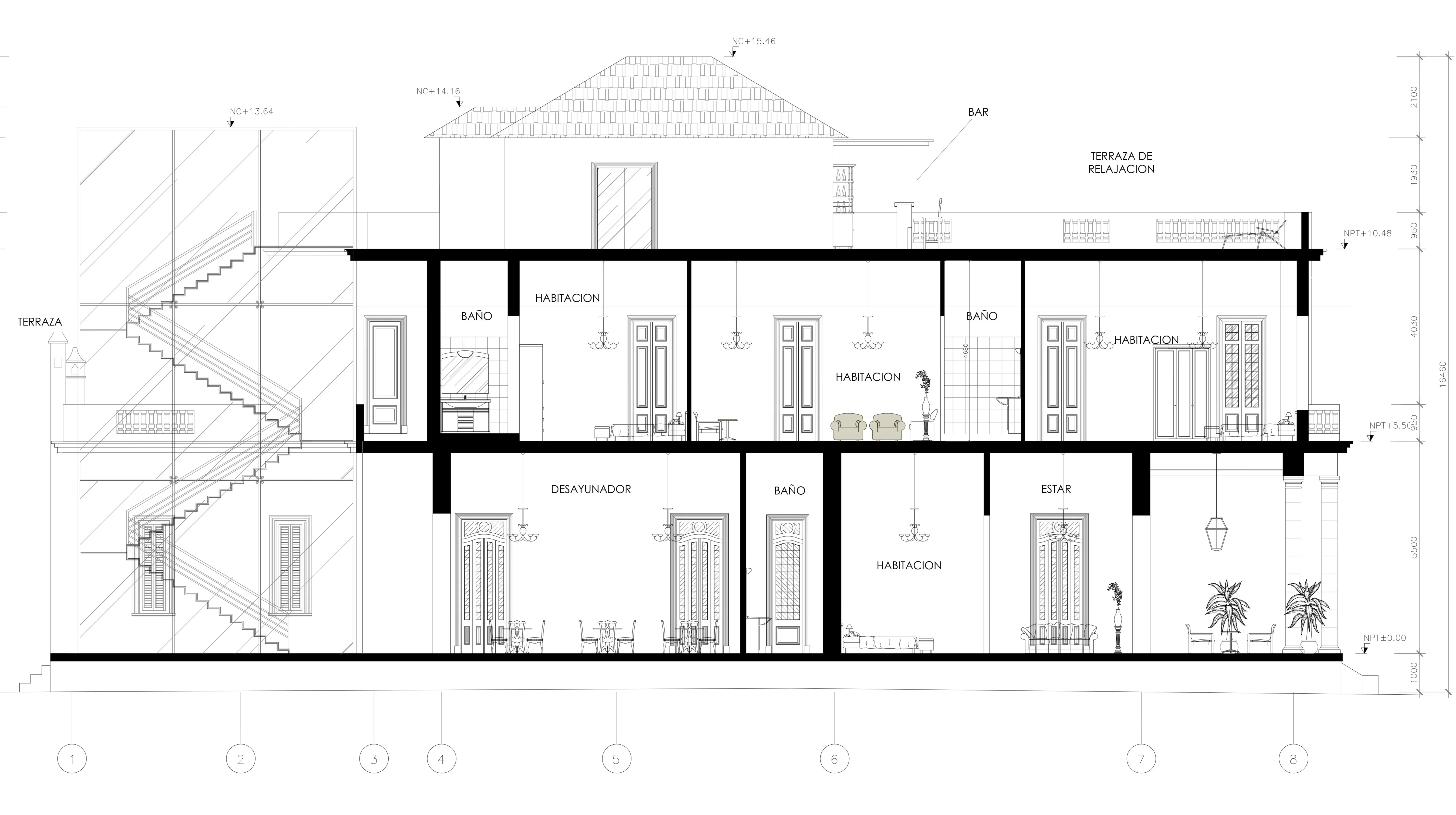 Plano arquitectónico de sección de viviendas unifamiliares de obra nueva en fase de diseño.