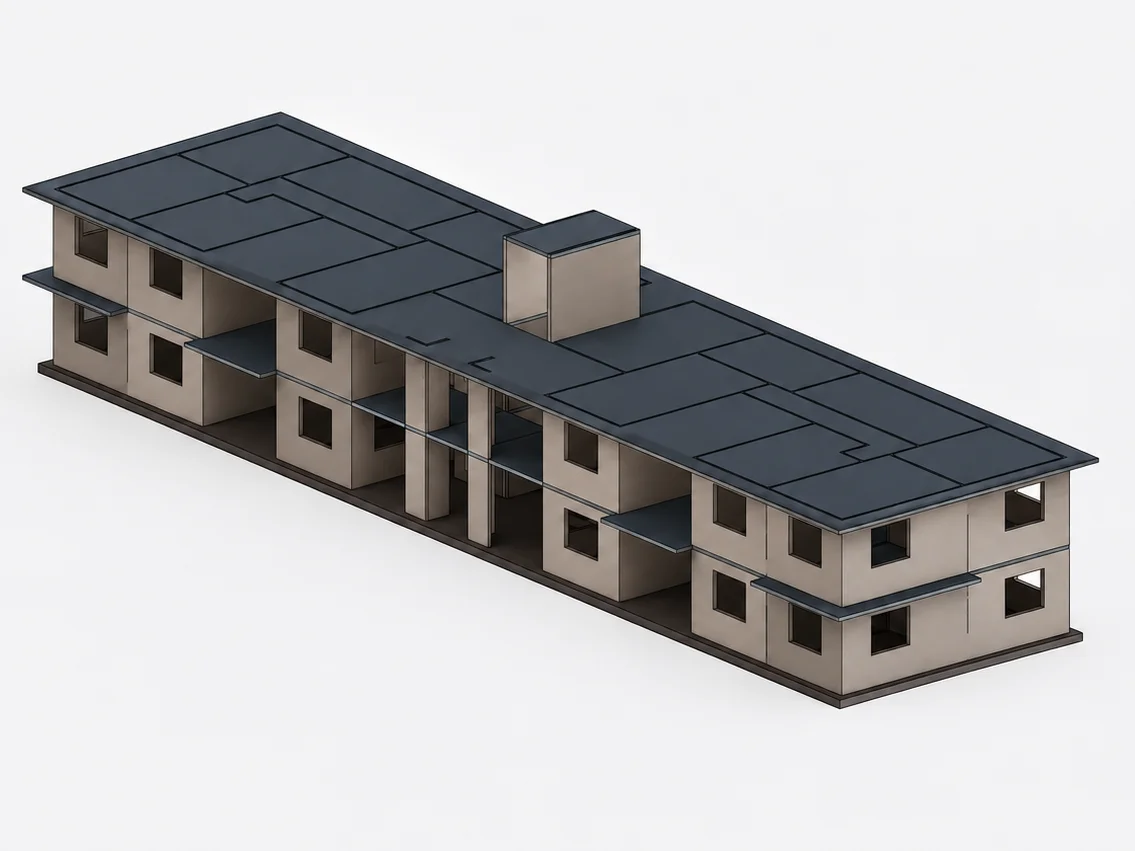 Modelo 3D de la estructura de un edificio utilizado durante el desarrollo del cálculo estructural.