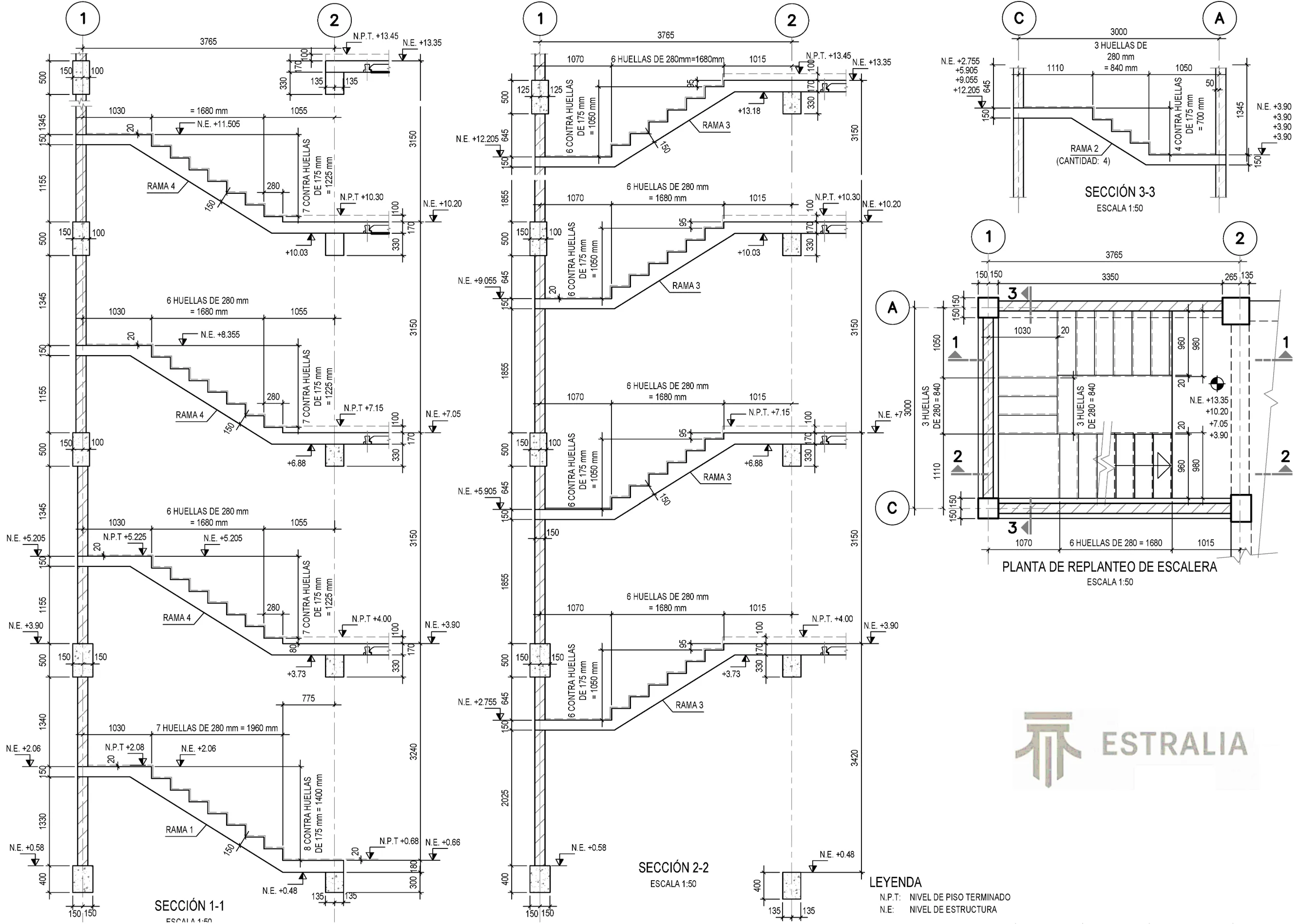 Plano estructural de una escalera de hormigón con planta, secciones, dimensiones y detalles constructivos.