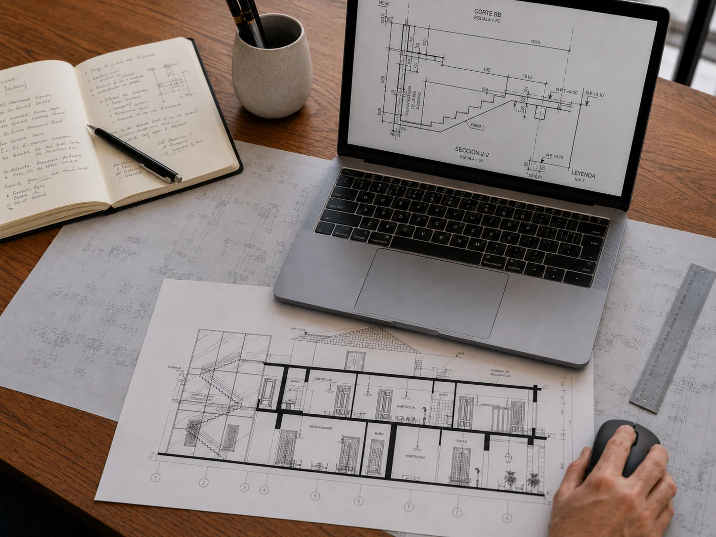 Mesa de trabajo con plano arquitectónico y ordenador mostrando un fragmento de un plano estructural durante la preparación de la documentación.