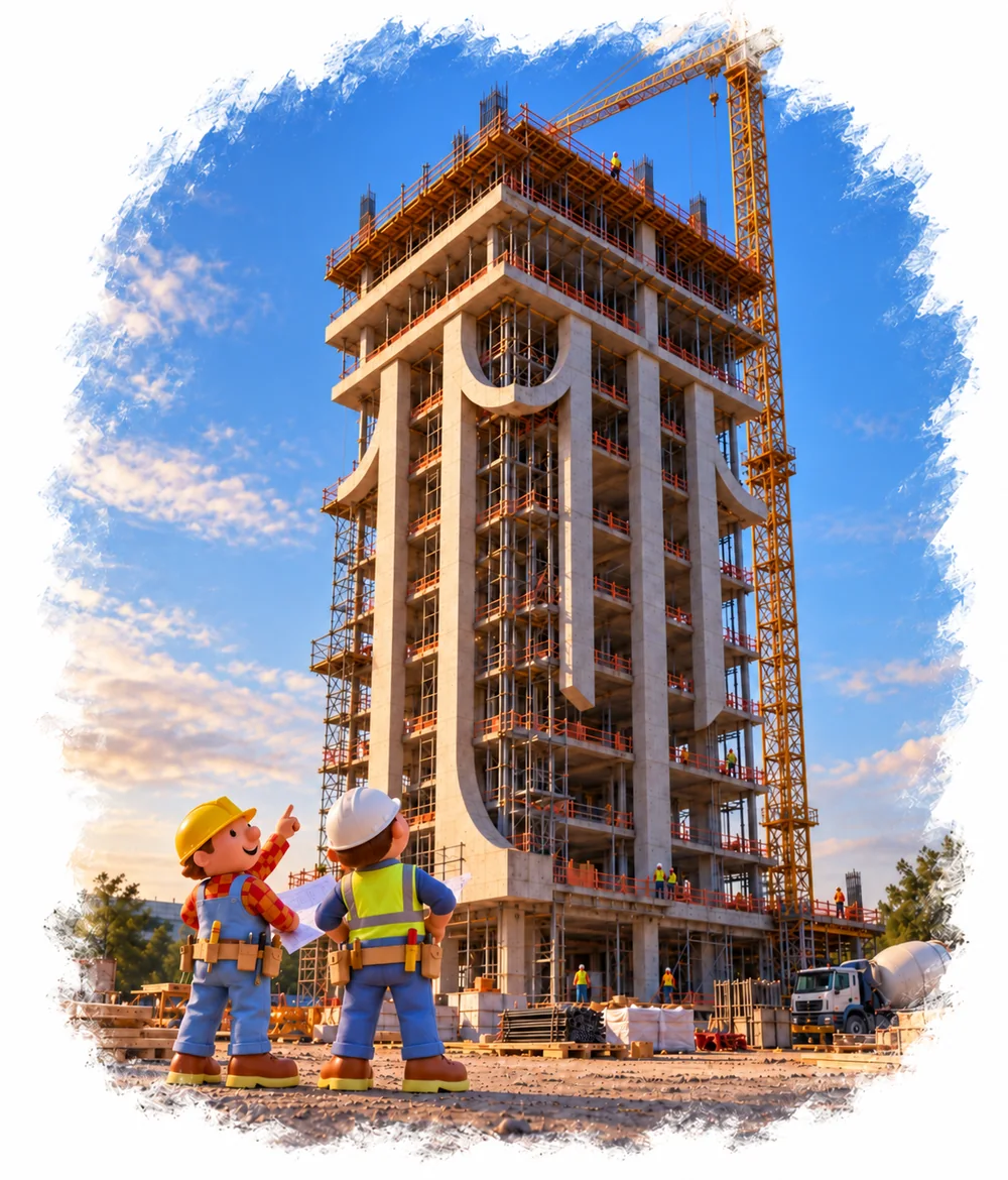 Ilustración del edificio de Estralia en construcción con dos operarios revisando planos