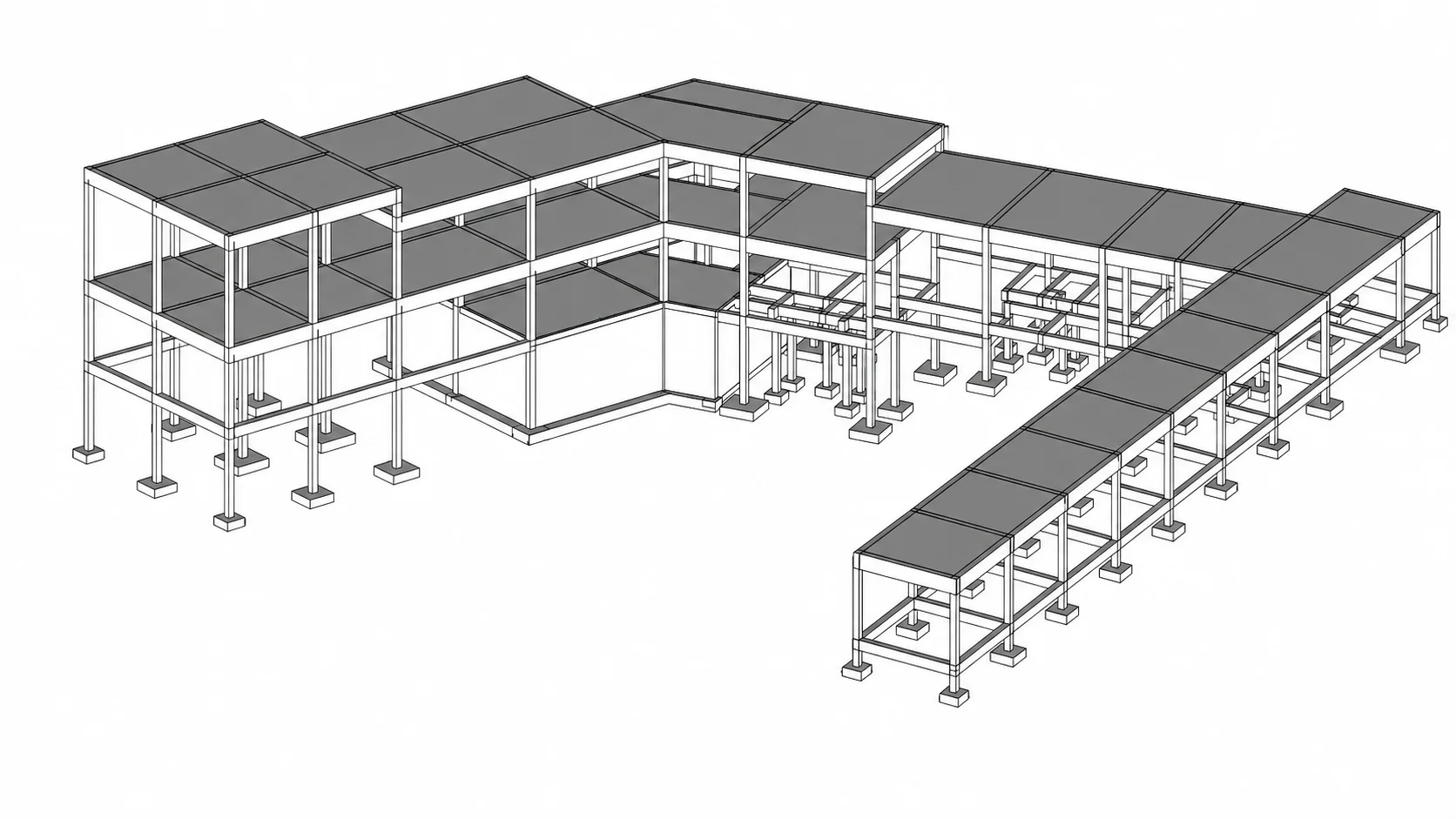 Modelo 3D estructural en vista isométrica de un edificio de obra pública.