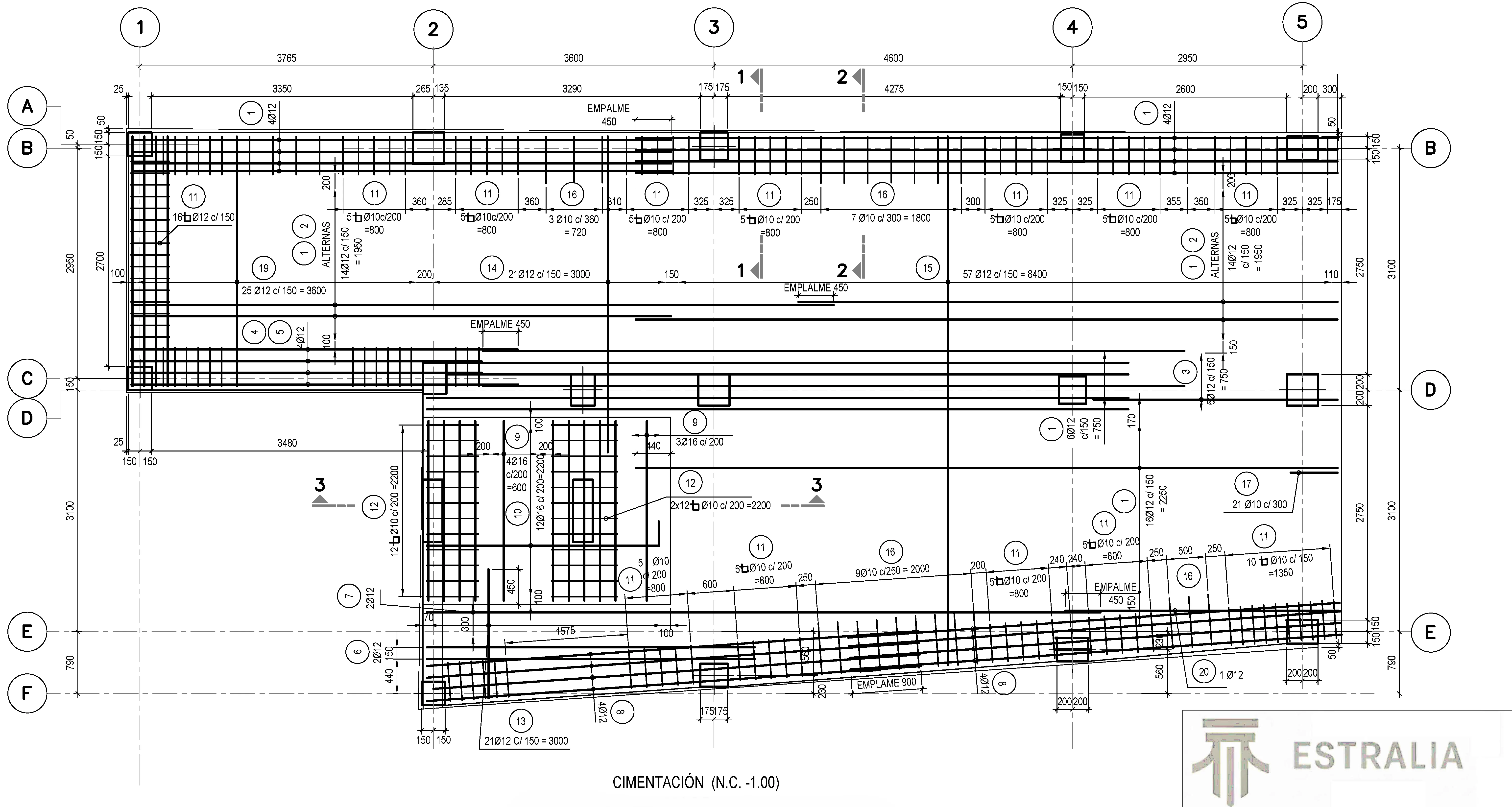 Plano estructural de cimentación desarrollado por Estralia, con replanteo, armados y cotas.