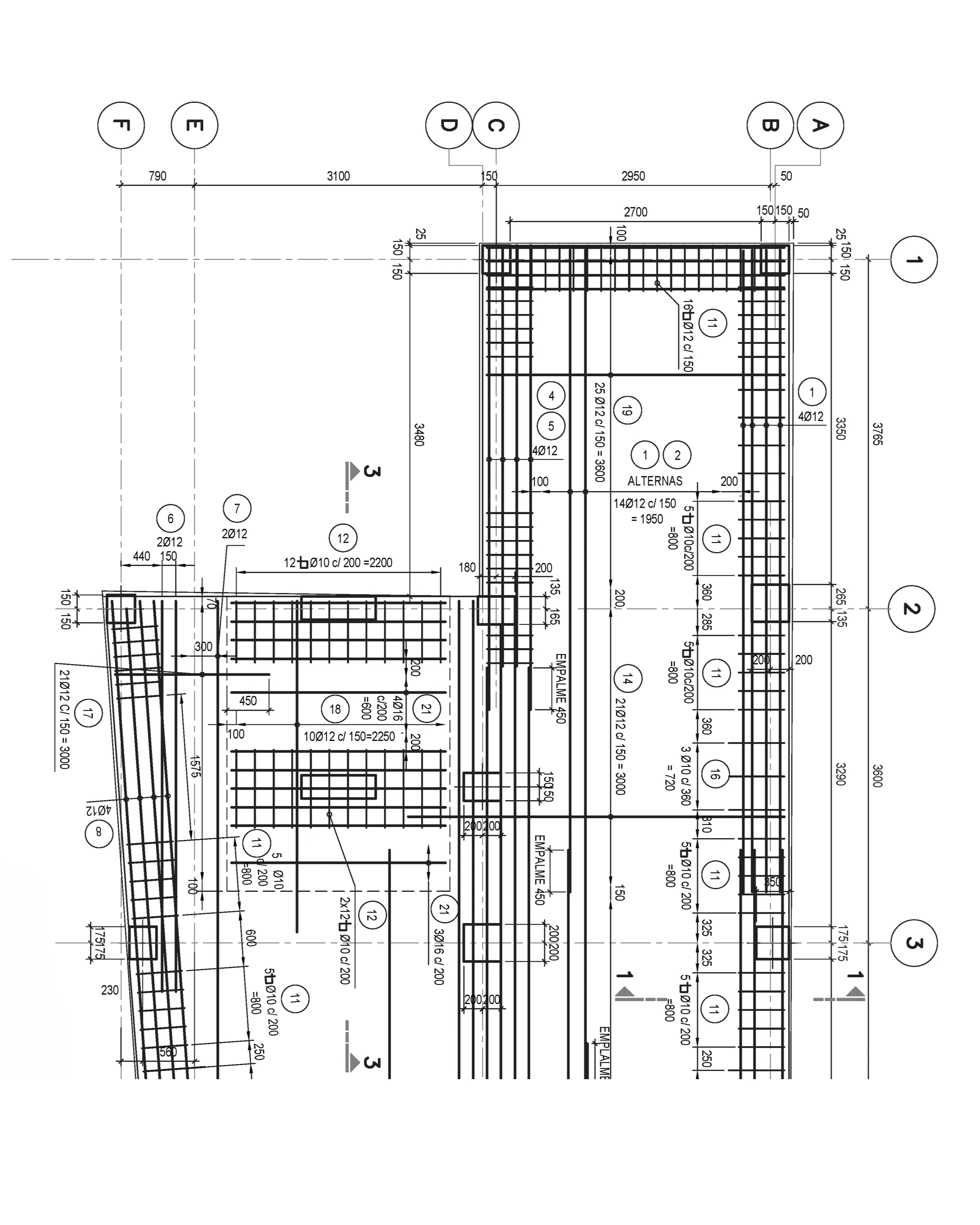Plano estructural de Estralia con el armado superior de una cimentación de hormigón.