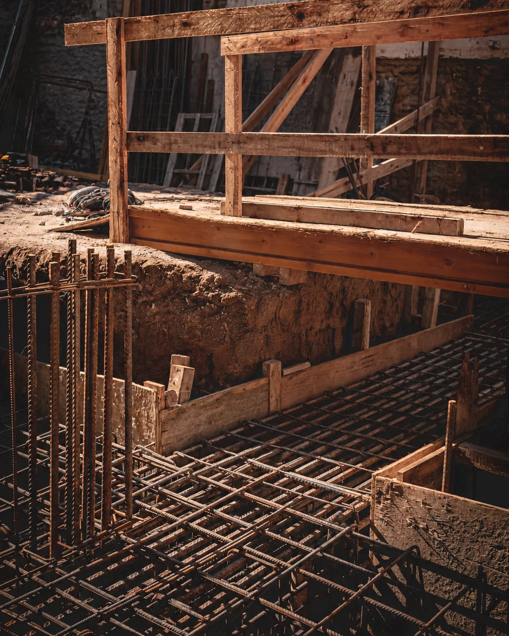 Cimentación de hormigón armado en fase de construcción con armaduras y encofrado visibles.
