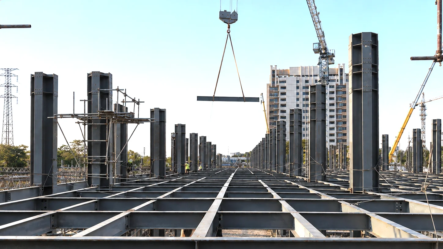 Edificio en construcción con grúa y estructura de vigas para un proyecto de cálculo estructural.