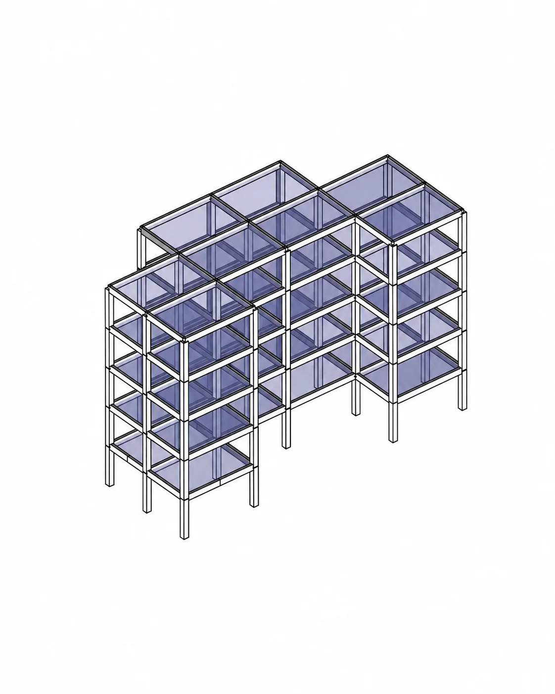 Modelo 3D de cálculo estructural de un edificio con su sistema resistente.