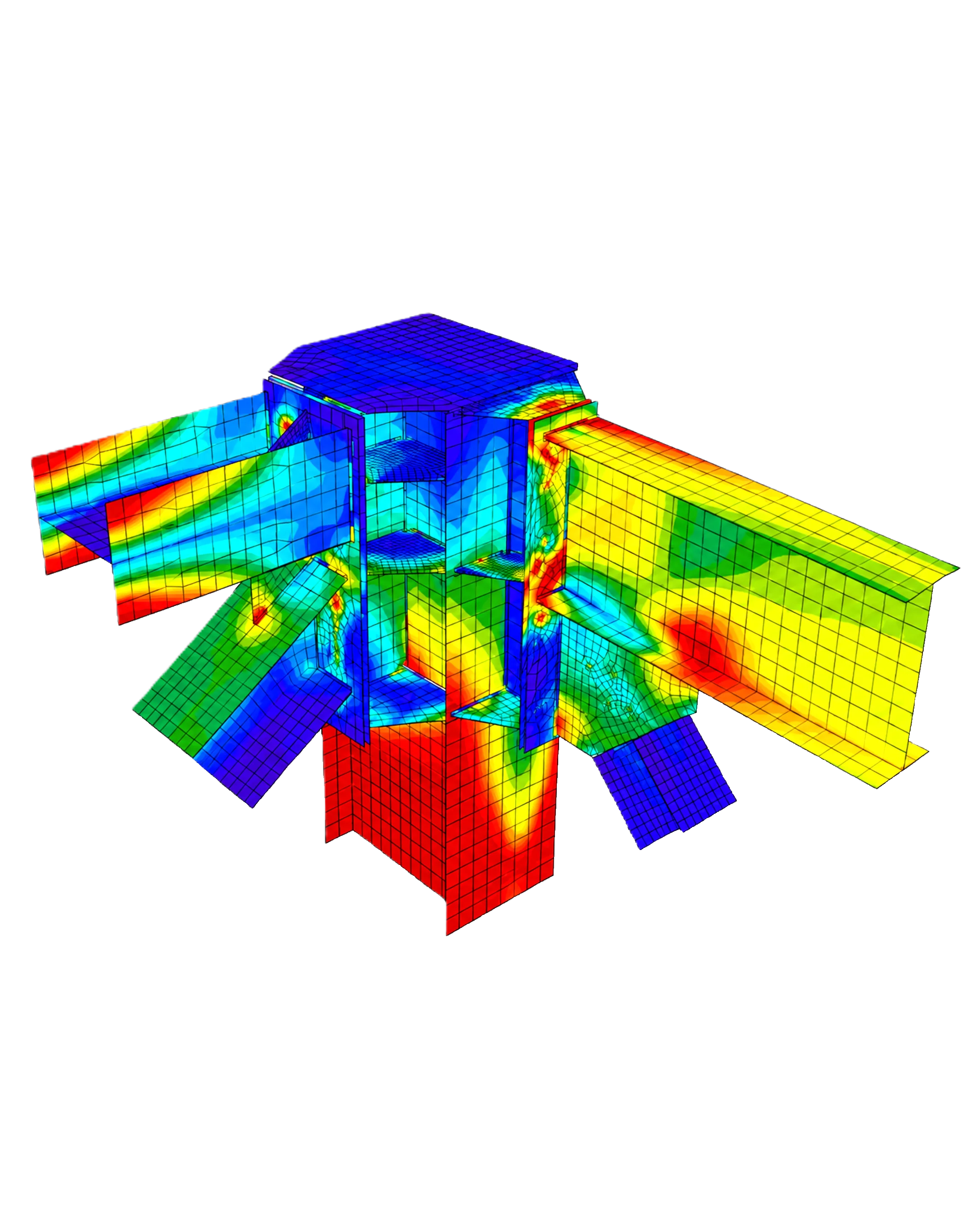 Modelo estructural con mapa de tensiones utilizado para comprobar el comportamiento resistente de un encuentro.
