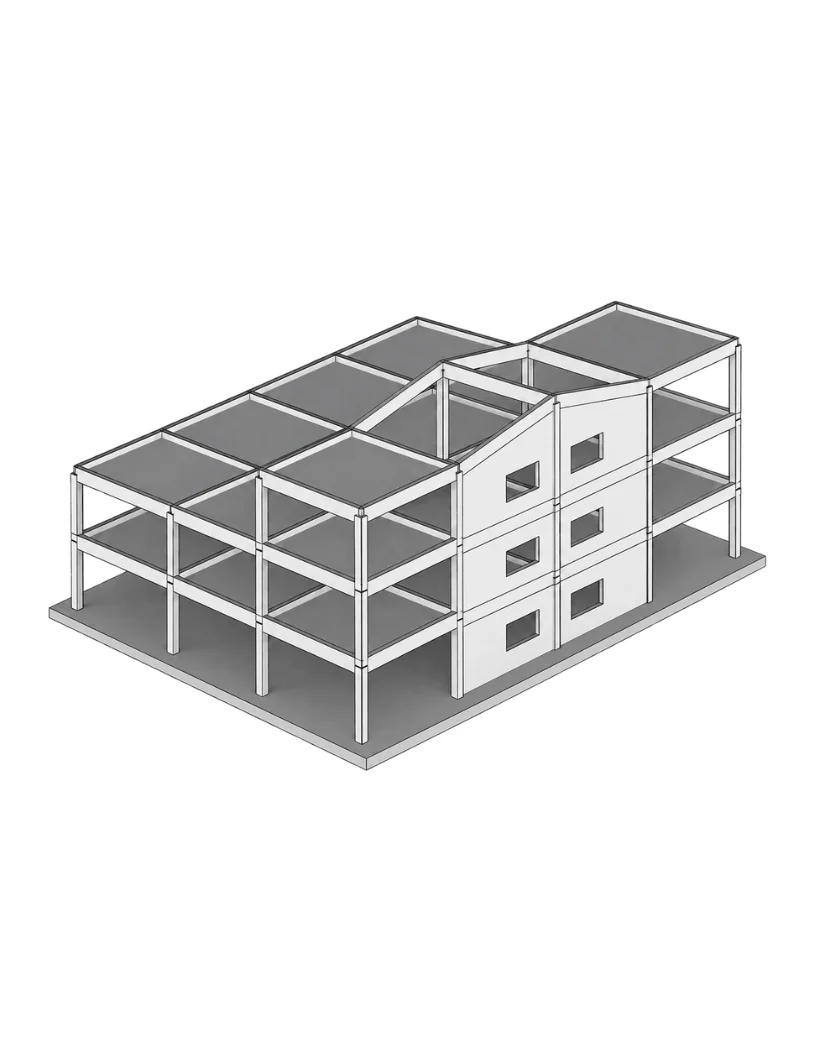 Modelo 3D estructural de un edificio público desarrollado por Estralia para coordinar y documentar sus planos de estructura.