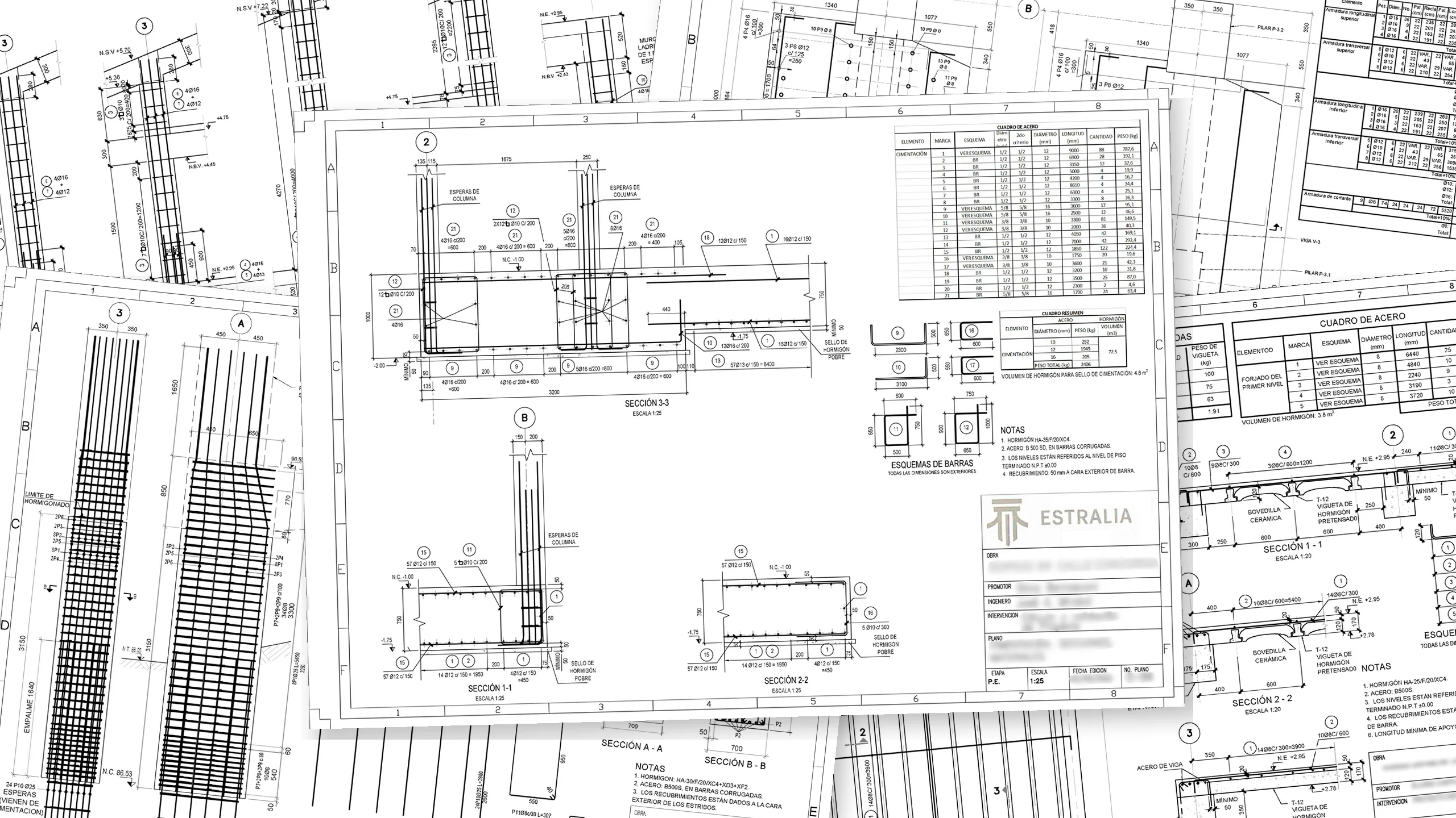 Planos de estructura desarrollados por Estralia para distintos proyectos de arquitectura.