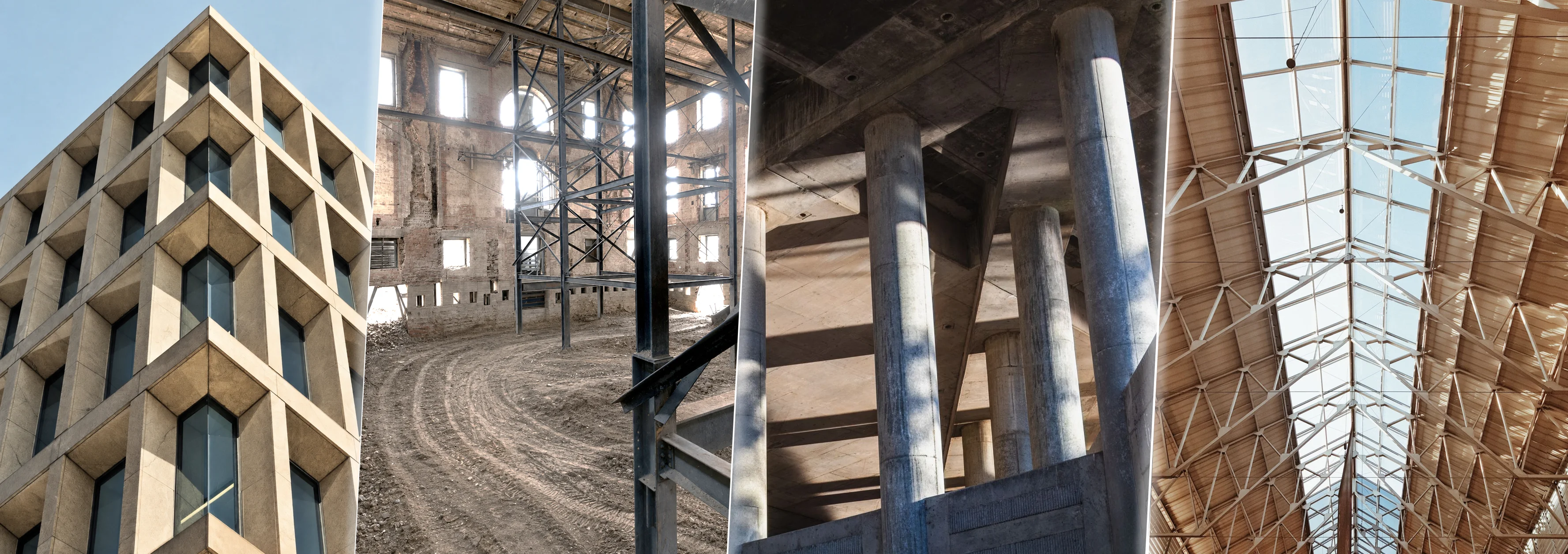 Composición de distintas tipologías estructurales: edificación de hormigón, rehabilitación, obra pública y estructura metálica de nave industrial.