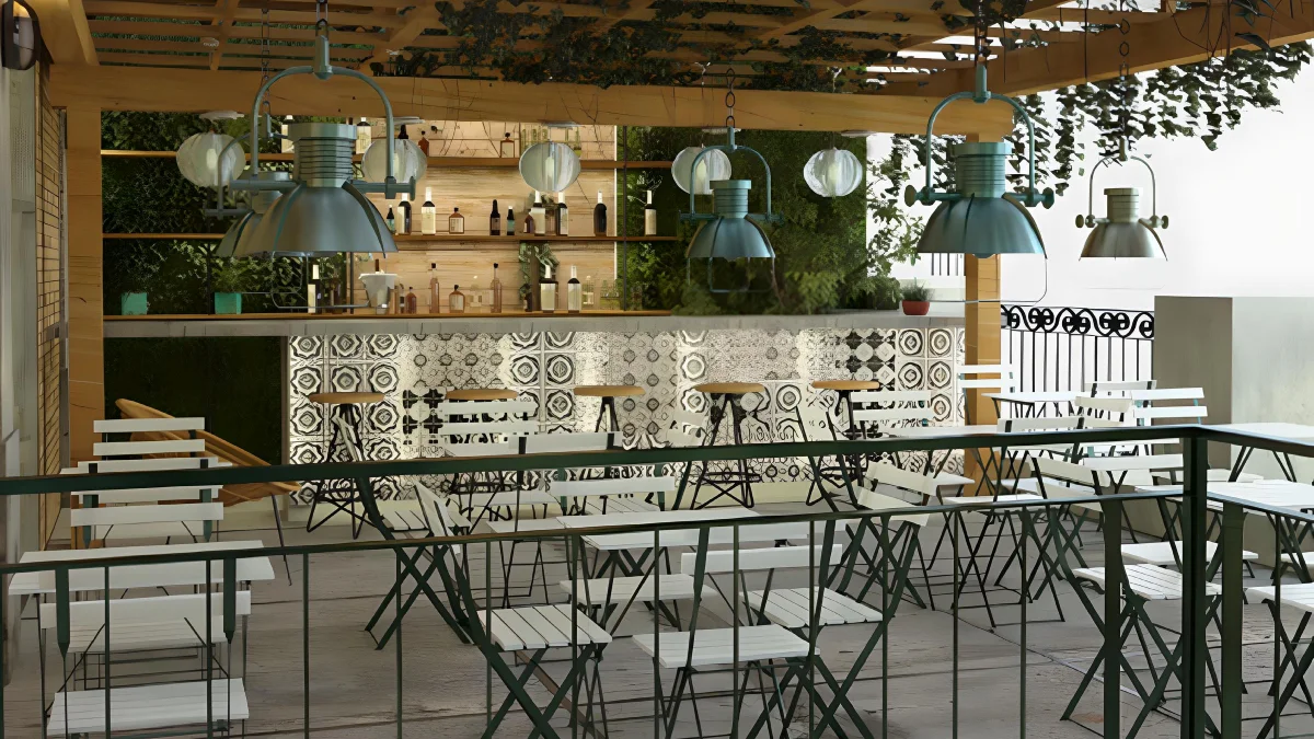 Arquitectura. Render de bar restaurante. Vista exterior. Estralia