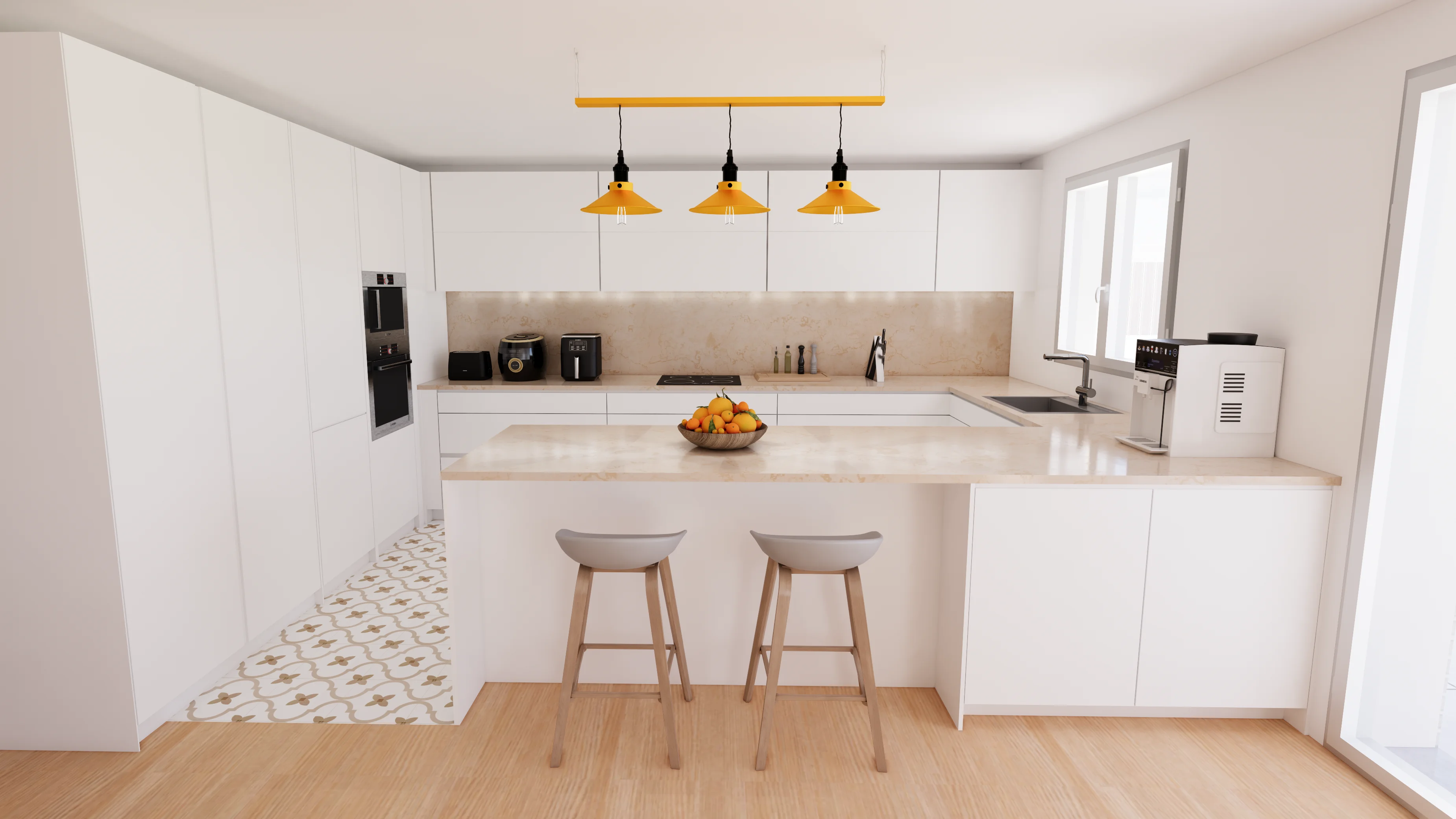 Arquitectura. Render de cocina equipada en vivienda residencial. Estralia