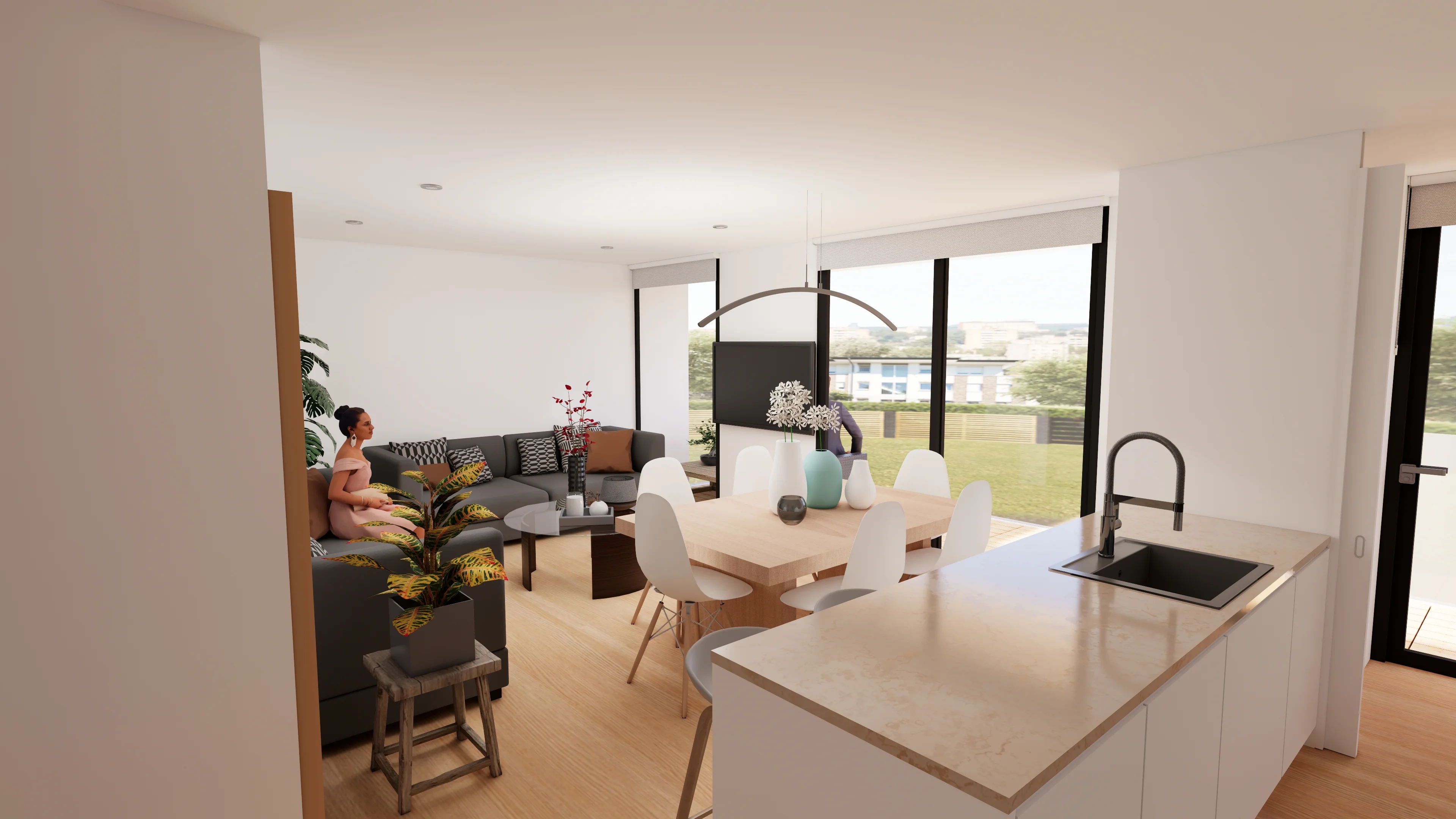 Arquitectura. Render de sala amueblada en vivienda residencial. Estralia