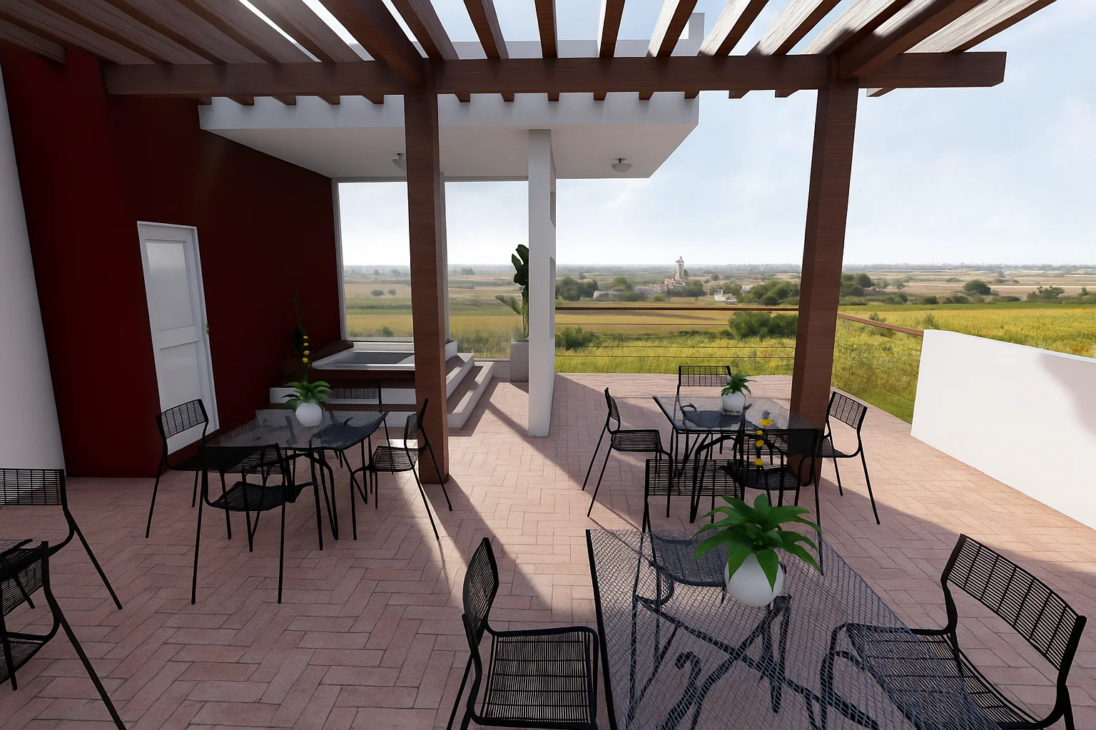Arquitectura. Render de terraza con vistas al campo en vivienda residencial. Estralia